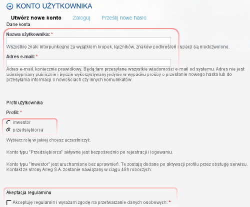 Nowe konto - przedsiębiorca